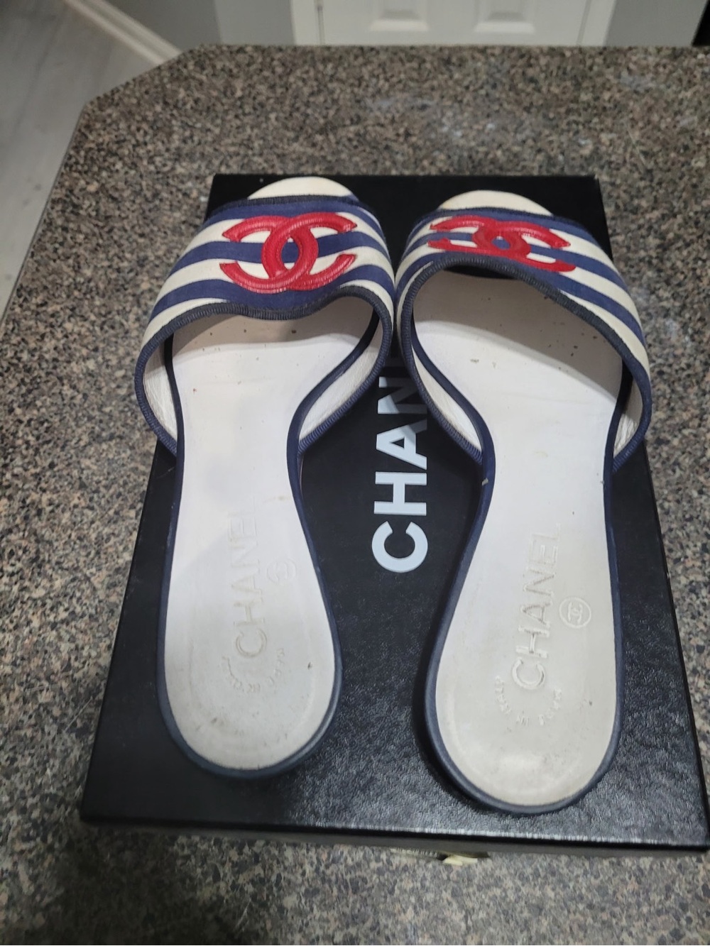 CHANEL Navy, White & Red Striped Slide Mules - Picture 3 of 4